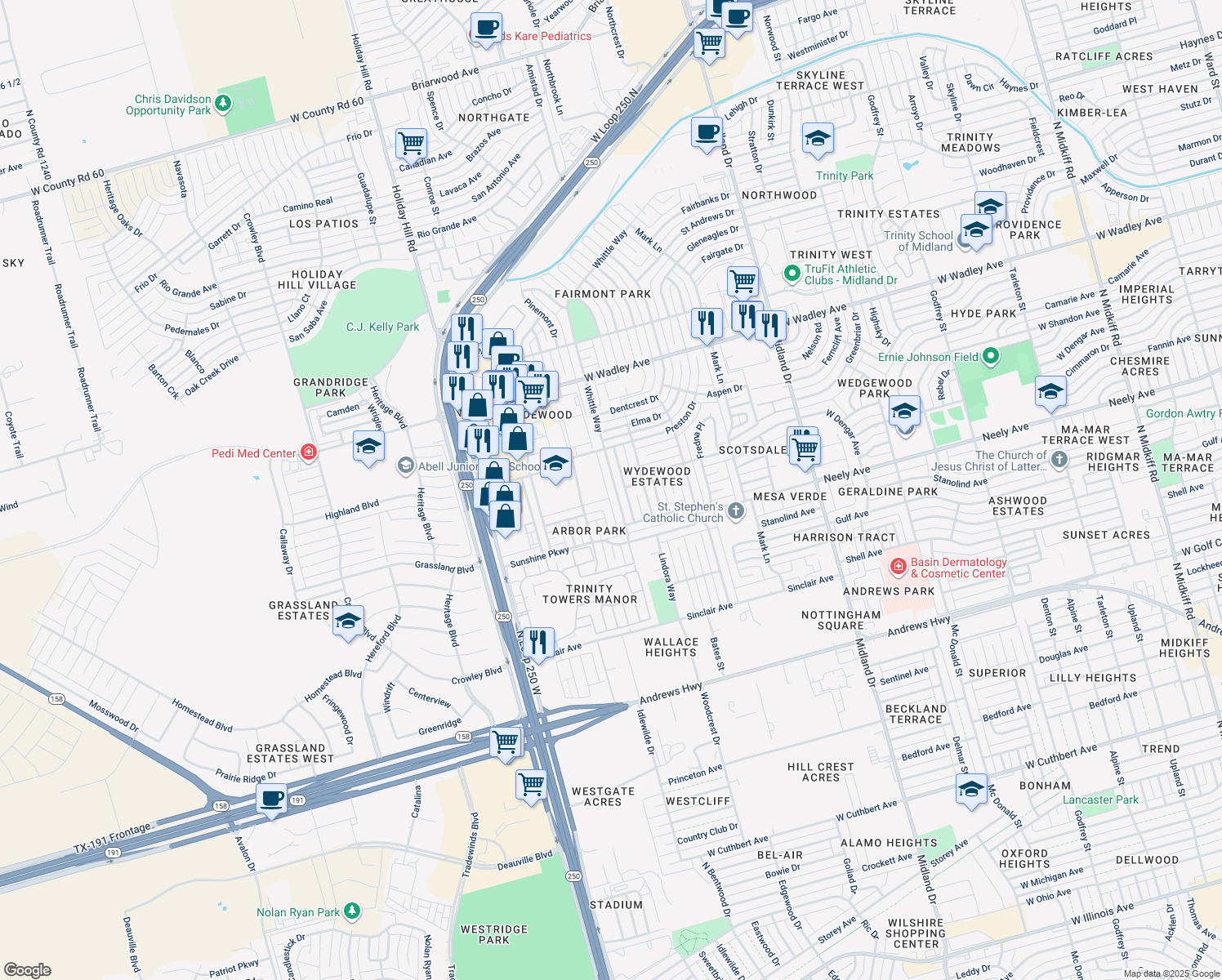 map of restaurants, bars, coffee shops, grocery stores, and more near 2905 Whittle Way in Midland