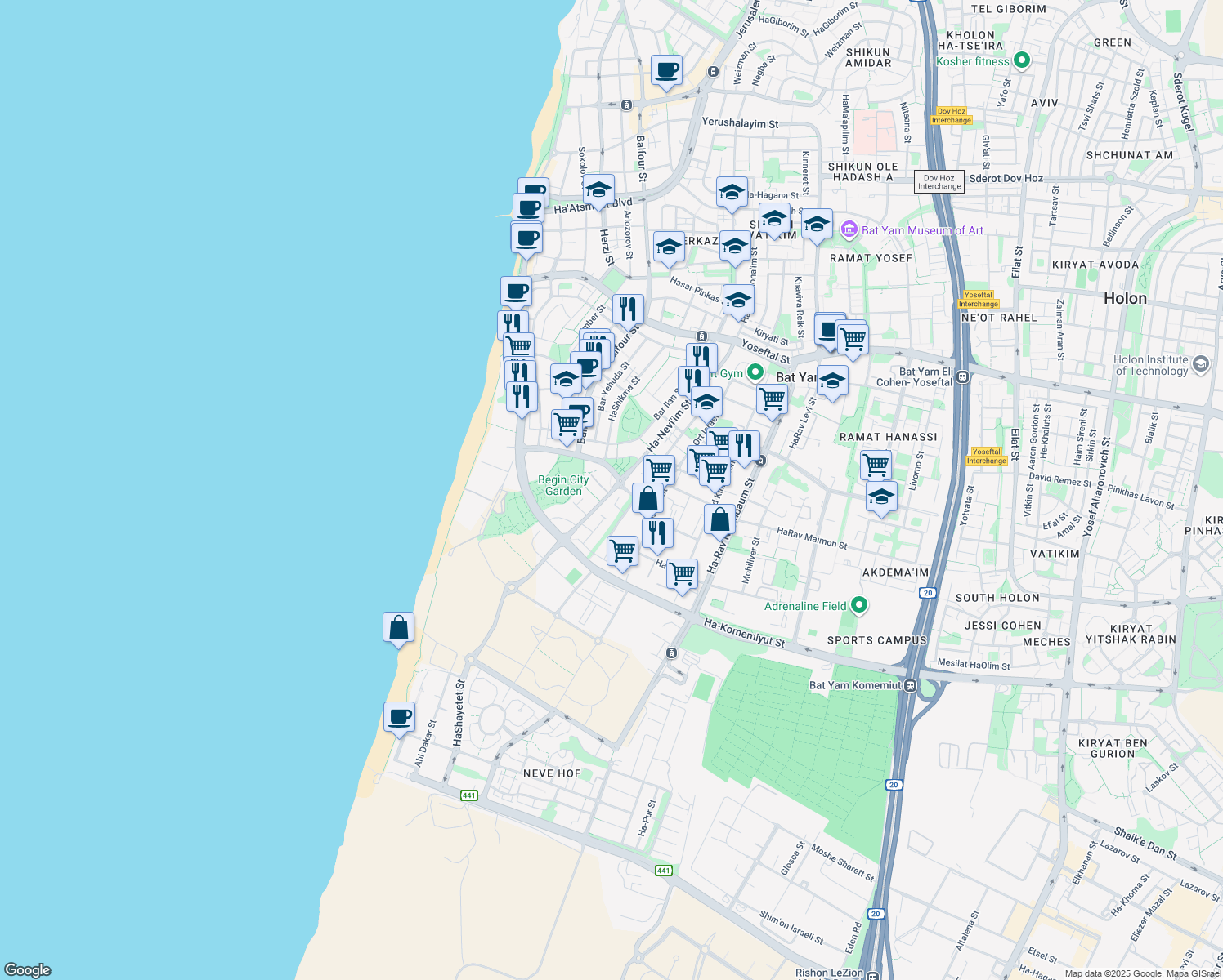 map of restaurants, bars, coffee shops, grocery stores, and more near 60 Ha-Nevi'im Street in Bat Yam