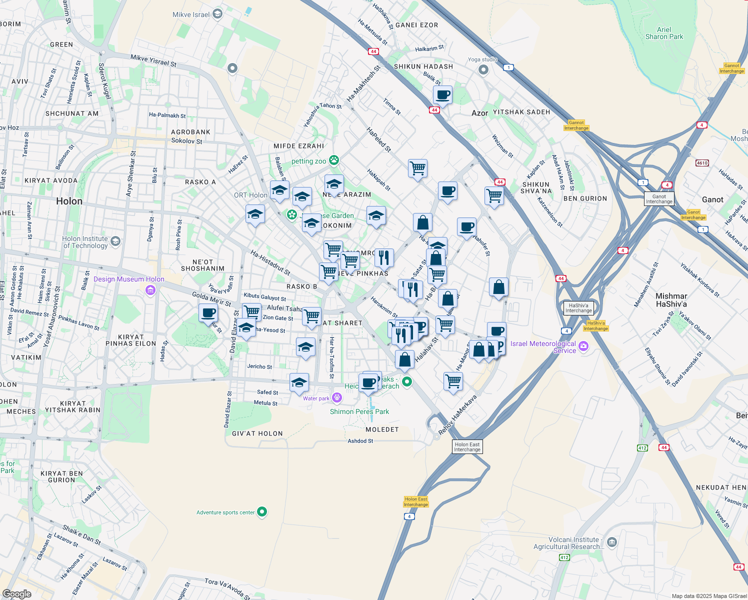 map of restaurants, bars, coffee shops, grocery stores, and more near 1 Harokmim Street in Holon