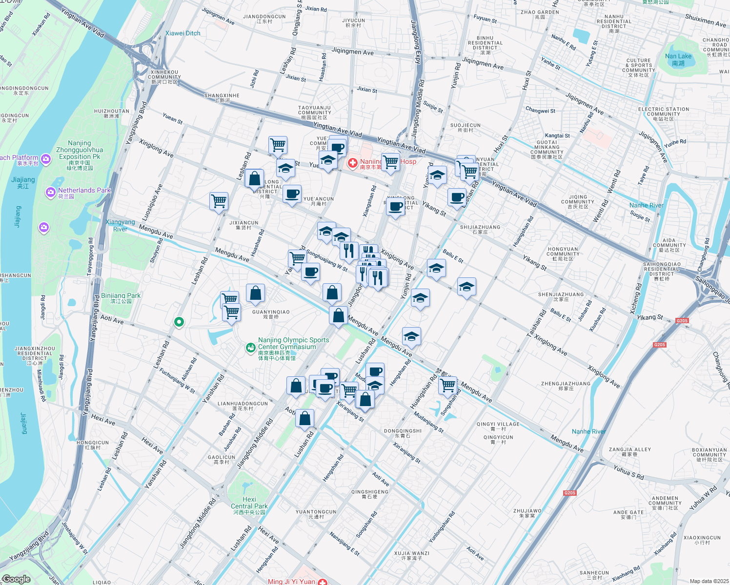 map of restaurants, bars, coffee shops, grocery stores, and more near 227号 Jiangdong Middle Road in Nanjing