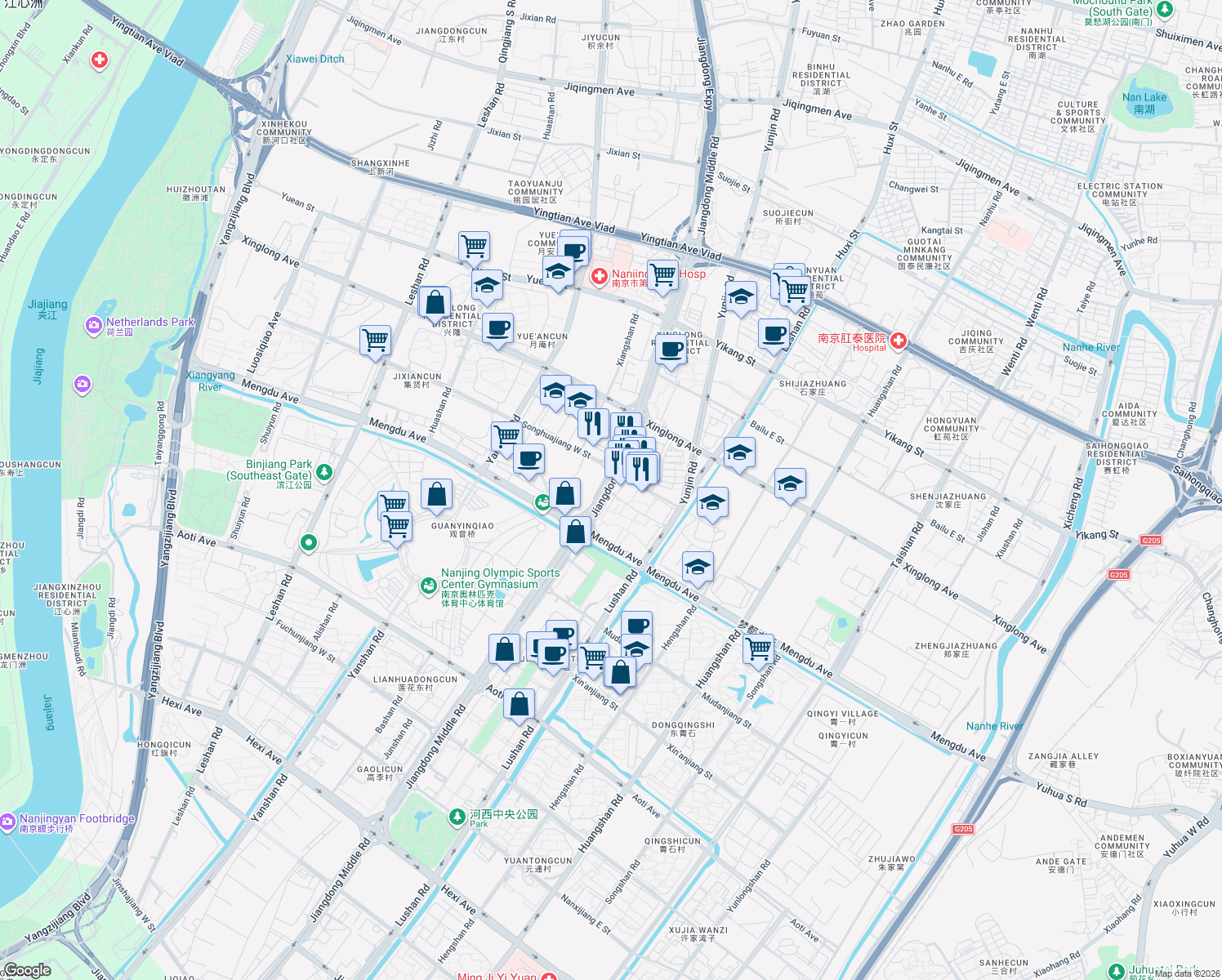 map of restaurants, bars, coffee shops, grocery stores, and more near Jiang Dong Zhong Lu in Nanjing Shi