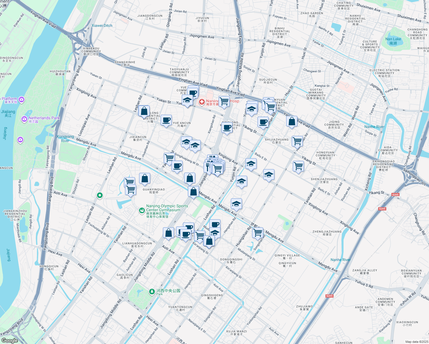 map of restaurants, bars, coffee shops, grocery stores, and more near in Nanjing