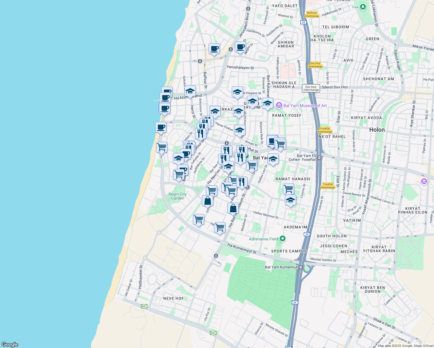 map of restaurants, bars, coffee shops, grocery stores, and more near 25 Ha-Nevi'im Street in Bat Yam