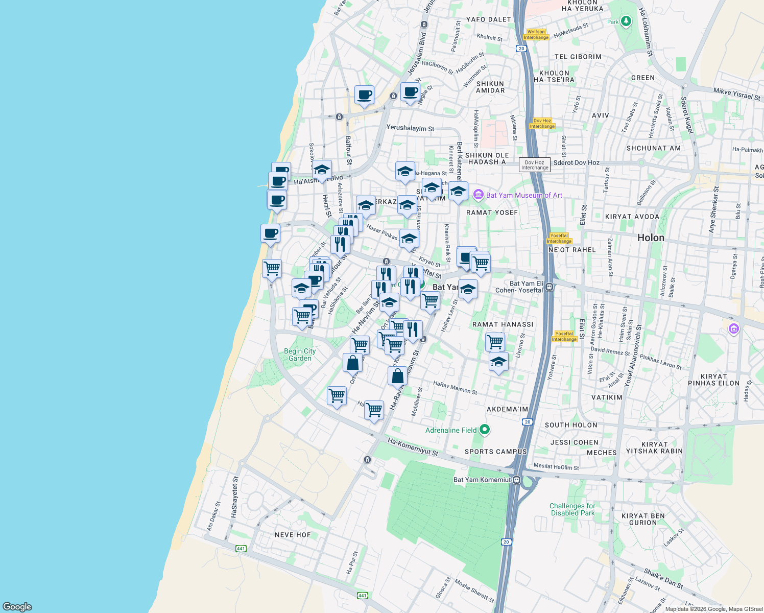 map of restaurants, bars, coffee shops, grocery stores, and more near in Bat Yam