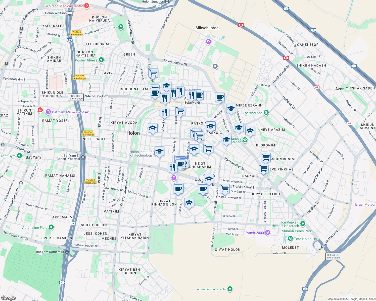 map of restaurants, bars, coffee shops, grocery stores, and more near Rosh Pina Street in Holon