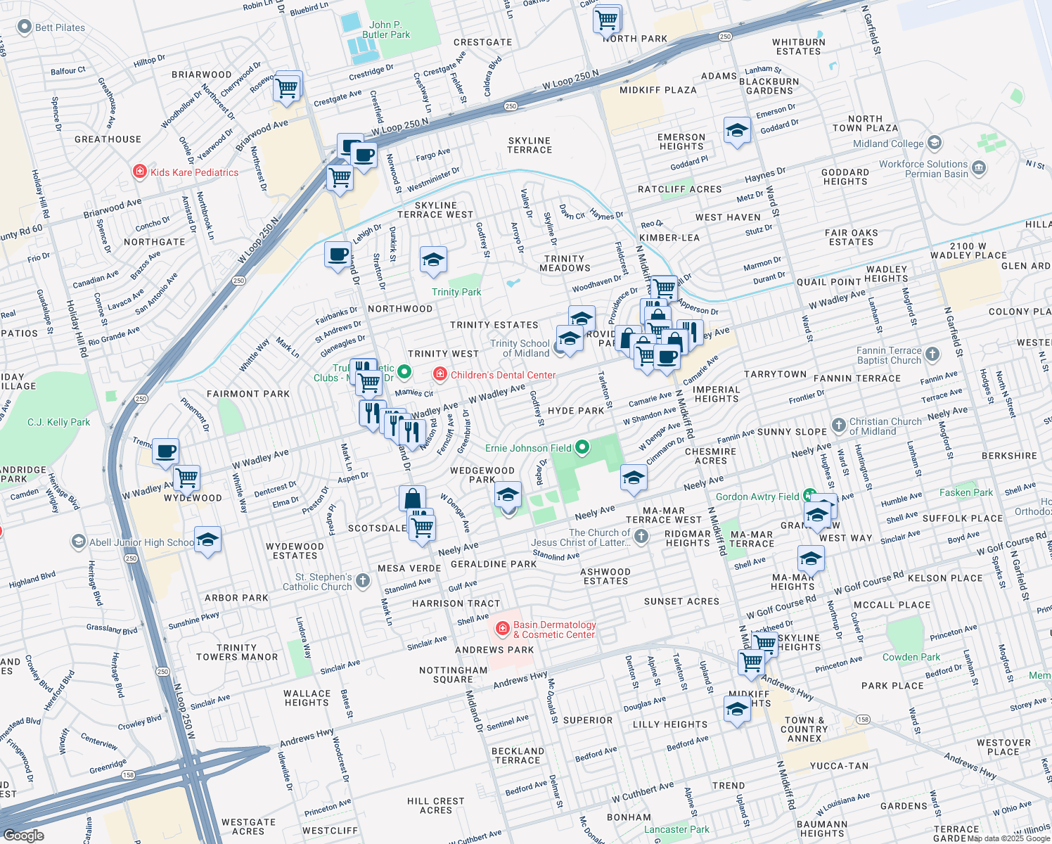 map of restaurants, bars, coffee shops, grocery stores, and more near 3605 Hyde Park Ave in Midland