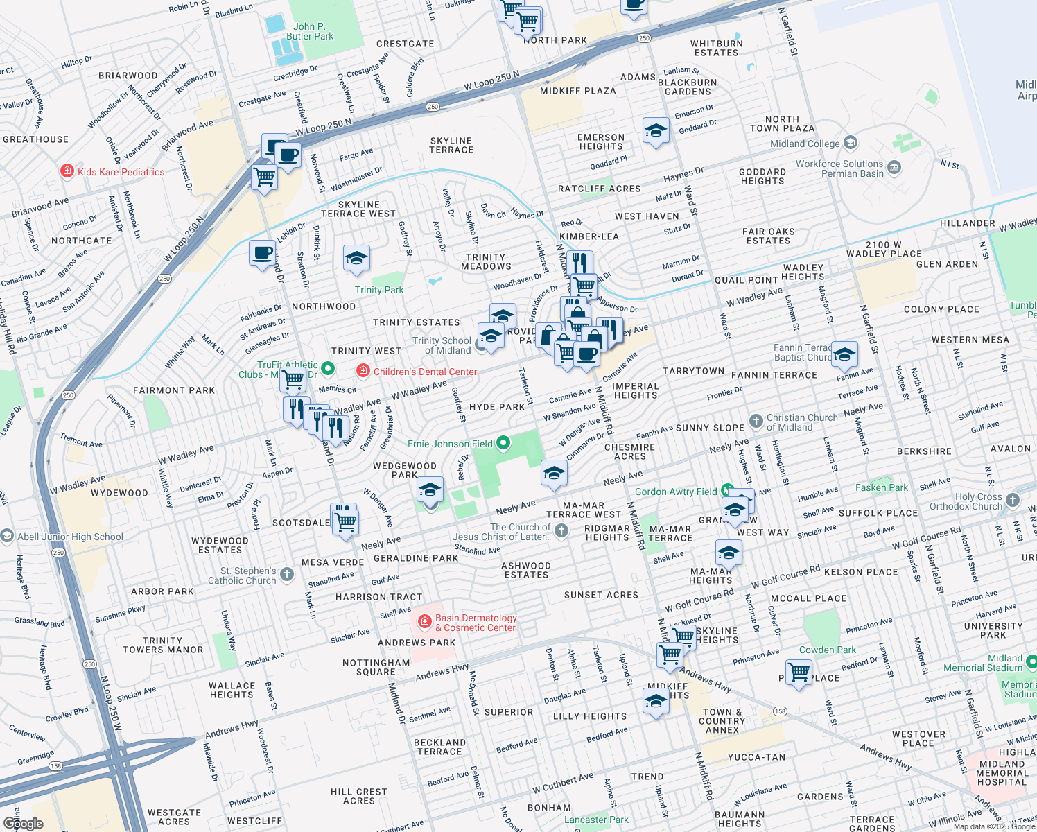map of restaurants, bars, coffee shops, grocery stores, and more near 3507 Camarie Ave in Midland