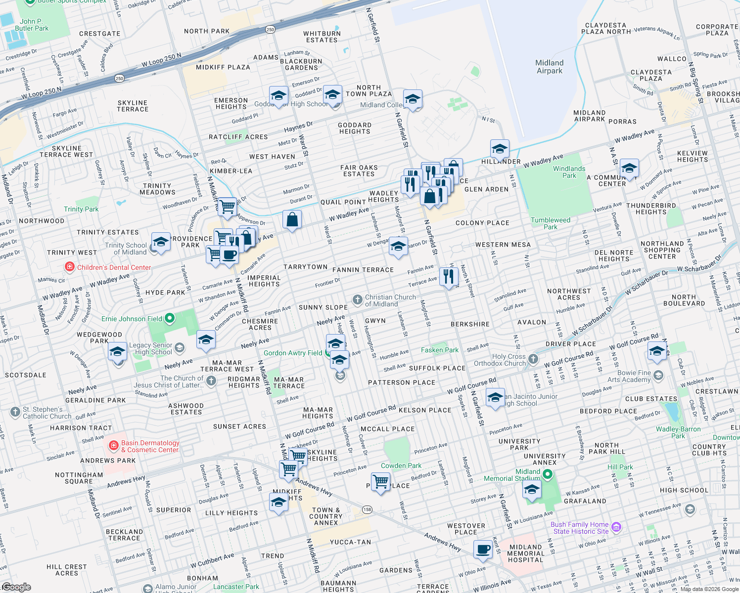 map of restaurants, bars, coffee shops, grocery stores, and more near 2598 Maberry Street in Midland