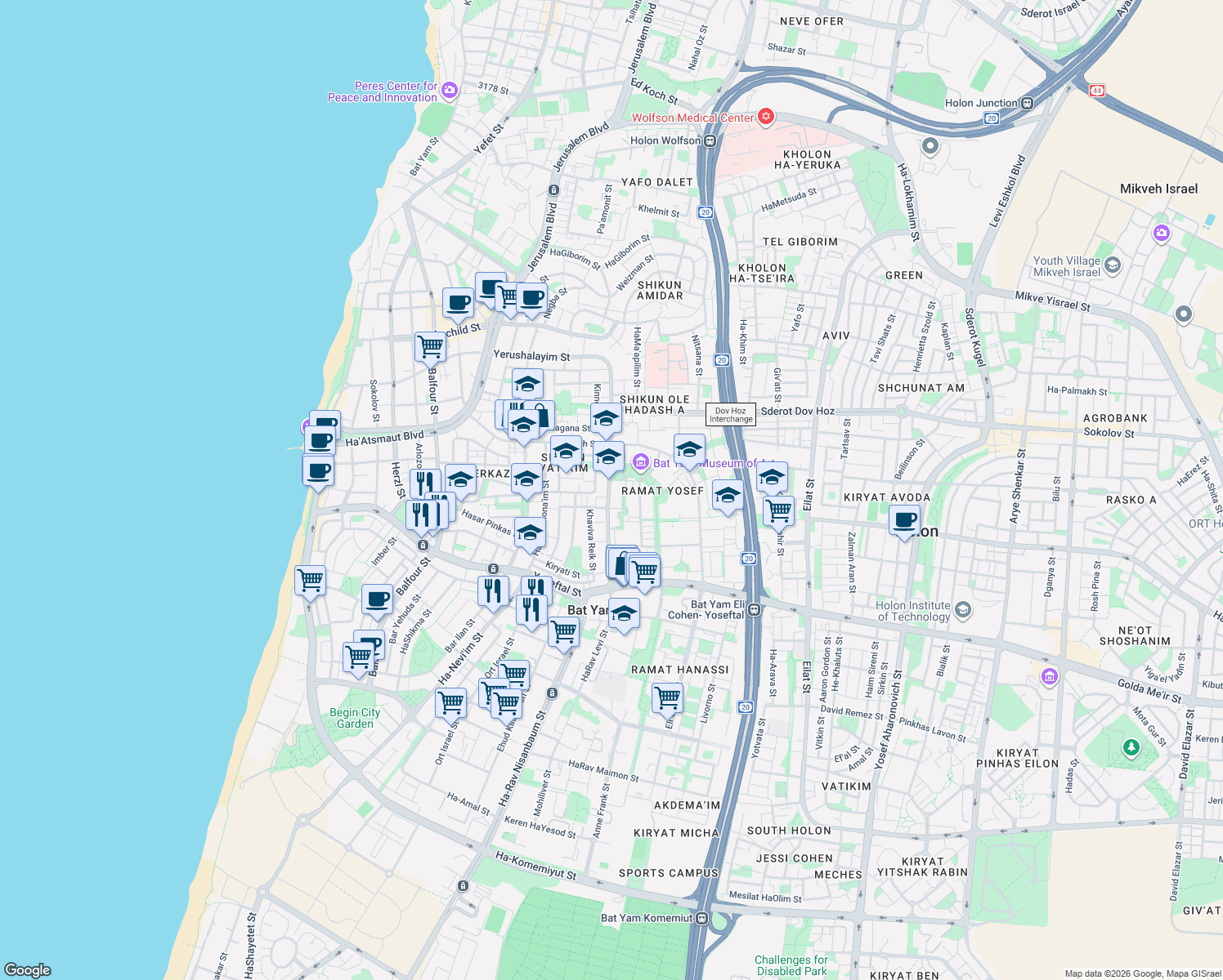 map of restaurants, bars, coffee shops, grocery stores, and more near in Bat Yam