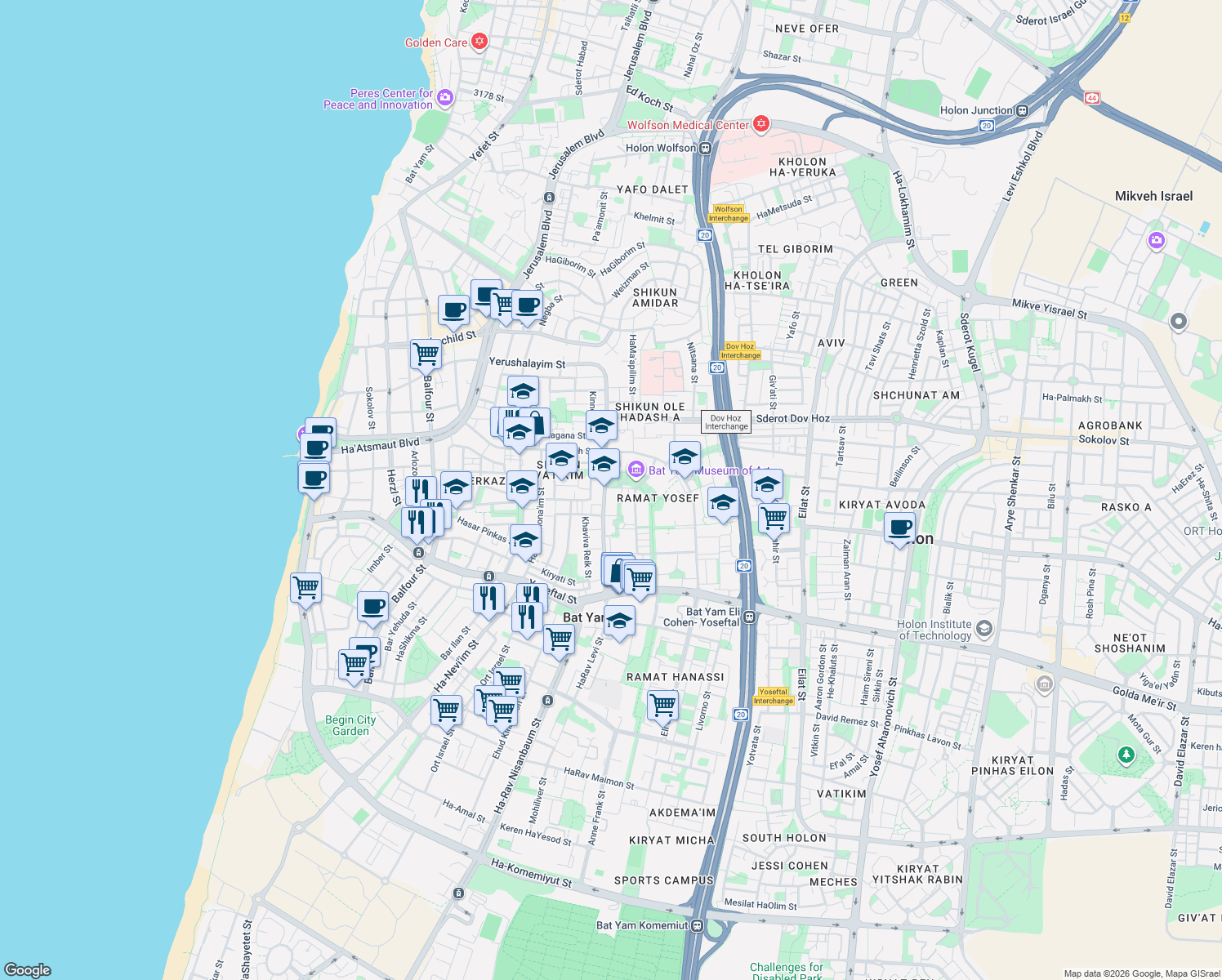 map of restaurants, bars, coffee shops, grocery stores, and more near 41 Berl Katzenelson Street in Bat Yam