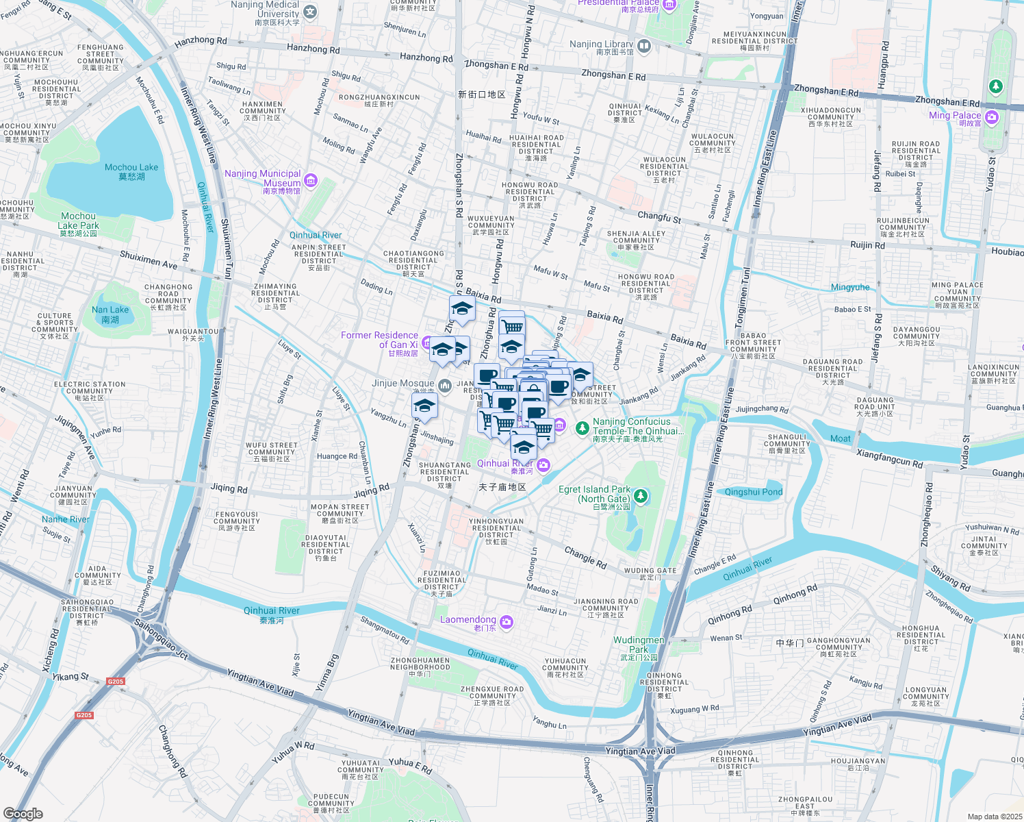 map of restaurants, bars, coffee shops, grocery stores, and more near 3 Jian Kang Lu in Nan Jing Shi