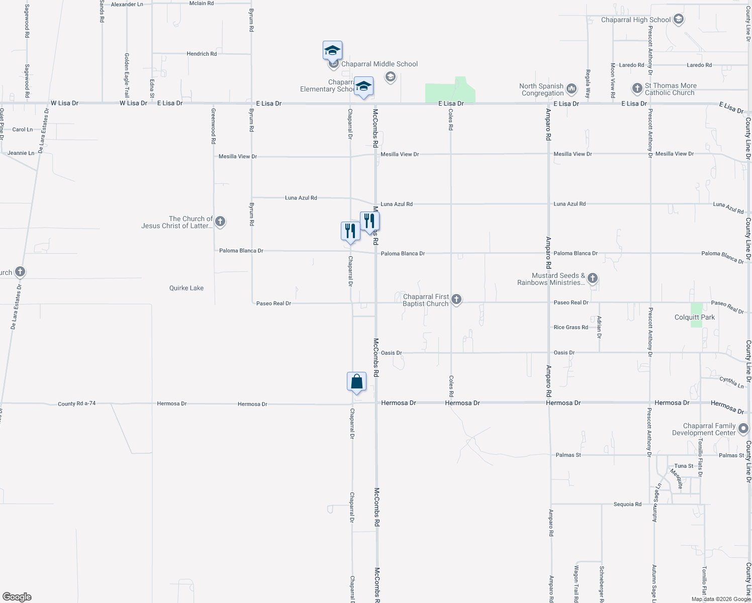 map of restaurants, bars, coffee shops, grocery stores, and more near 400 McCombs Road in Chaparral