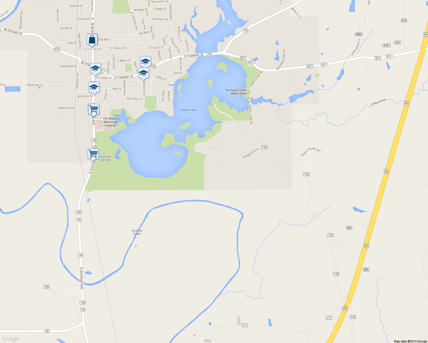 map of restaurants, bars, coffee shops, grocery stores, and more near 539 Ridgewood Dr in Quitman