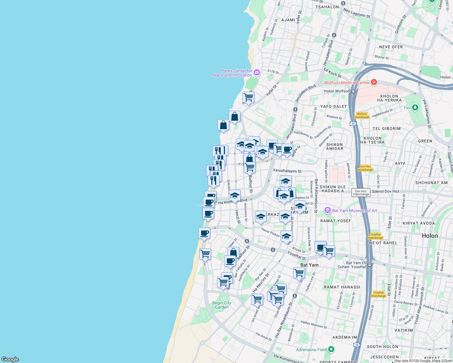 map of restaurants, bars, coffee shops, grocery stores, and more near 169 Jaffa Street in Jerusalem