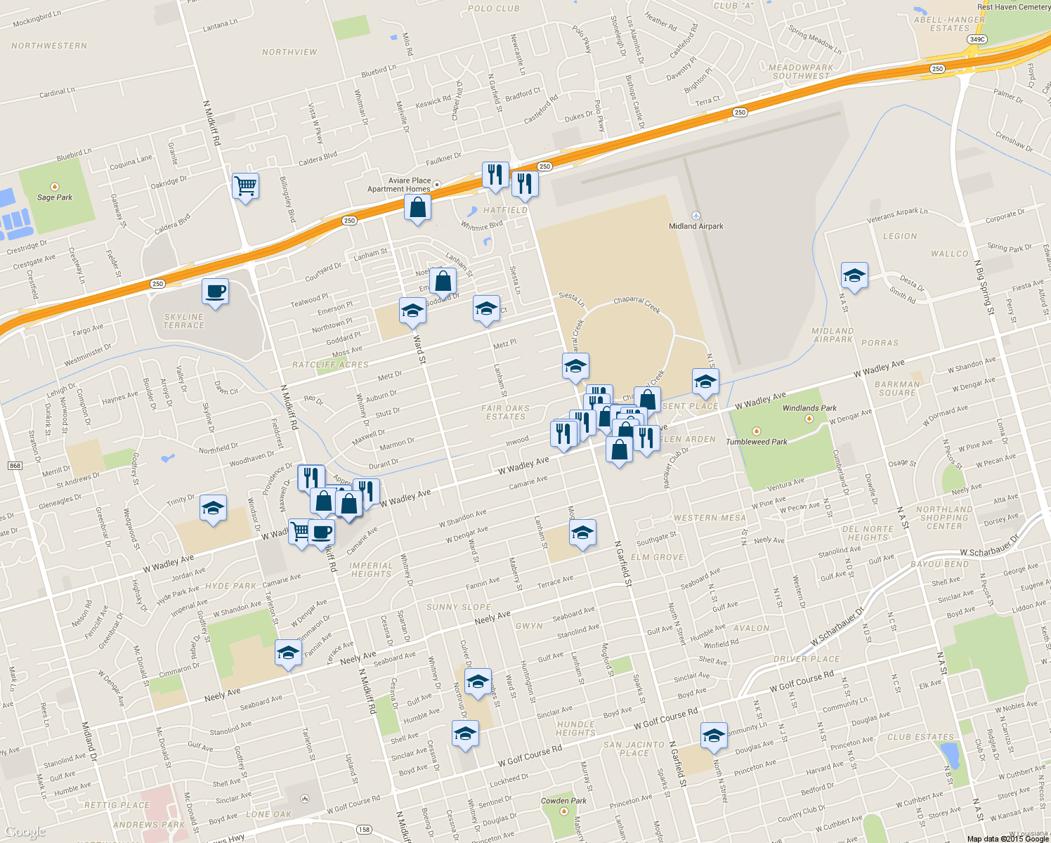map of restaurants, bars, coffee shops, grocery stores, and more near 2406 Culpeper Dr in Midland