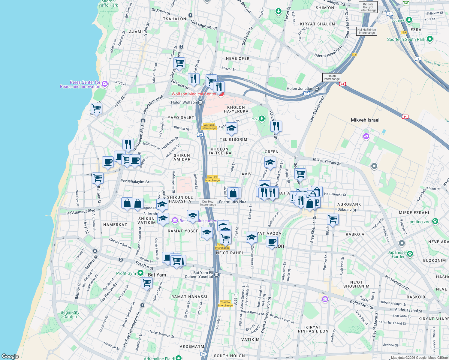 map of restaurants, bars, coffee shops, grocery stores, and more near Giv'ati Street in Holon