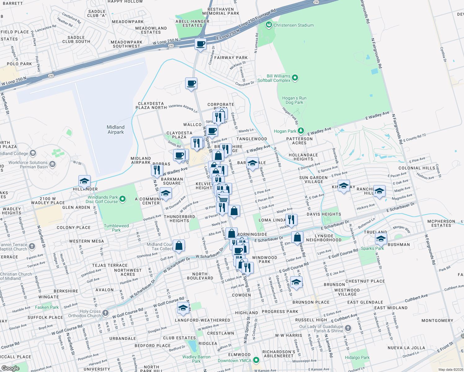 map of restaurants, bars, coffee shops, grocery stores, and more near 105 West Dormard Avenue in Midland