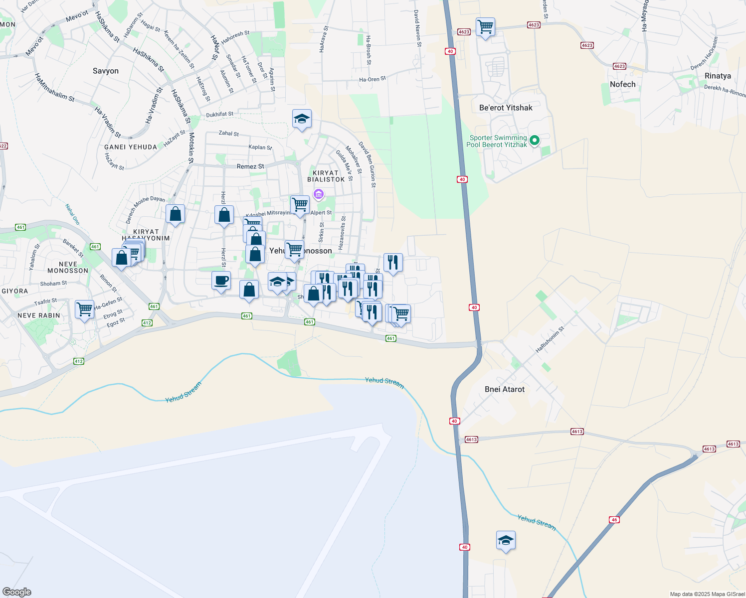 map of restaurants, bars, coffee shops, grocery stores, and more near 5 Altalef Street in Yehud-Monosson