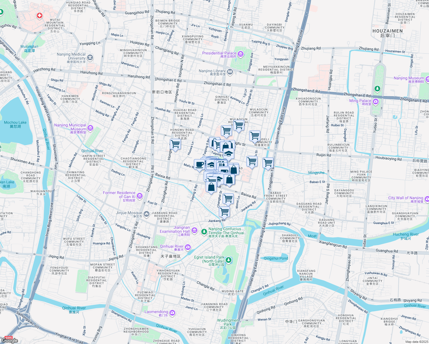 map of restaurants, bars, coffee shops, grocery stores, and more near 3 Jian Kang Lu in Nan Jing Shi
