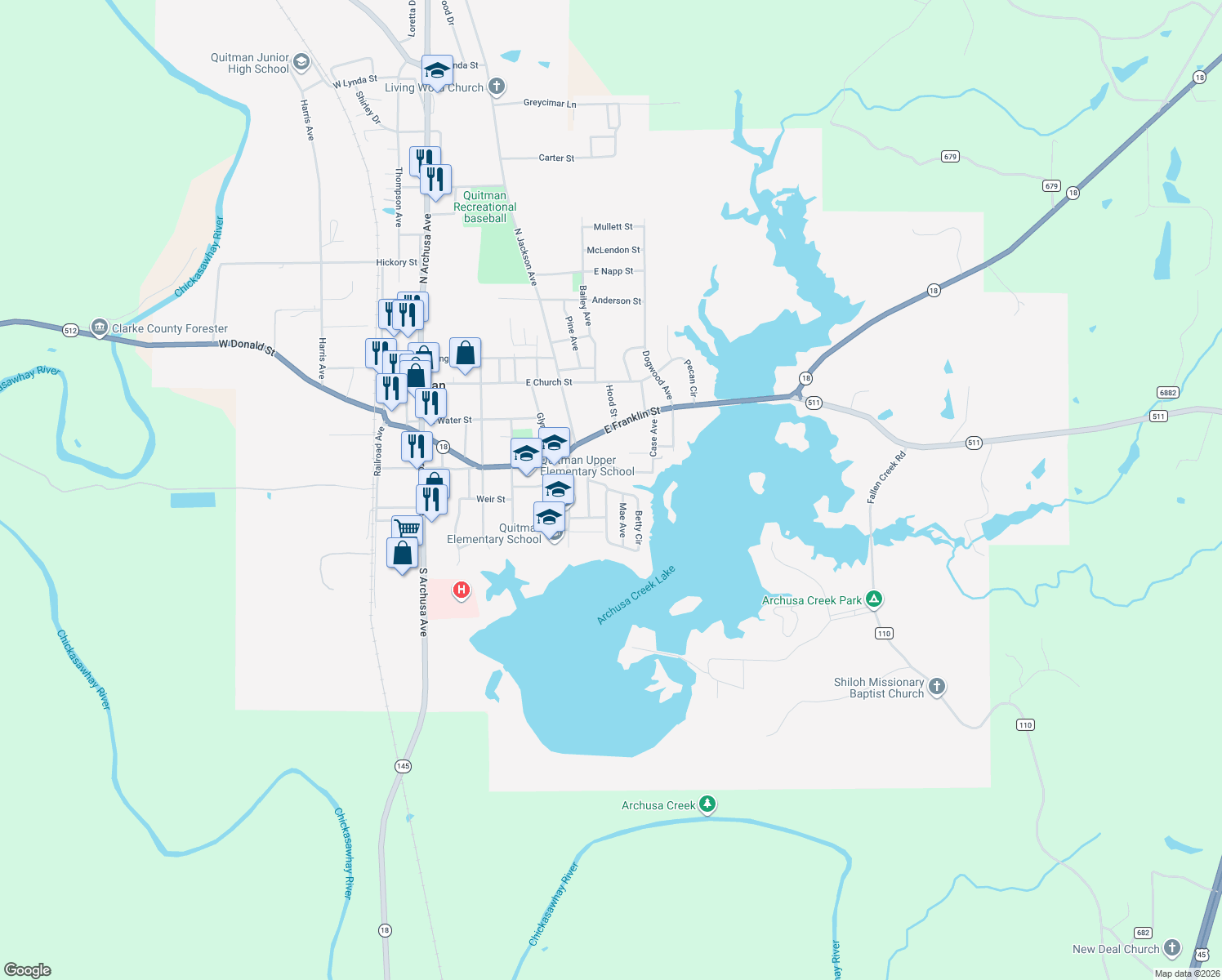 map of restaurants, bars, coffee shops, grocery stores, and more near 510 Betty Circle in Quitman