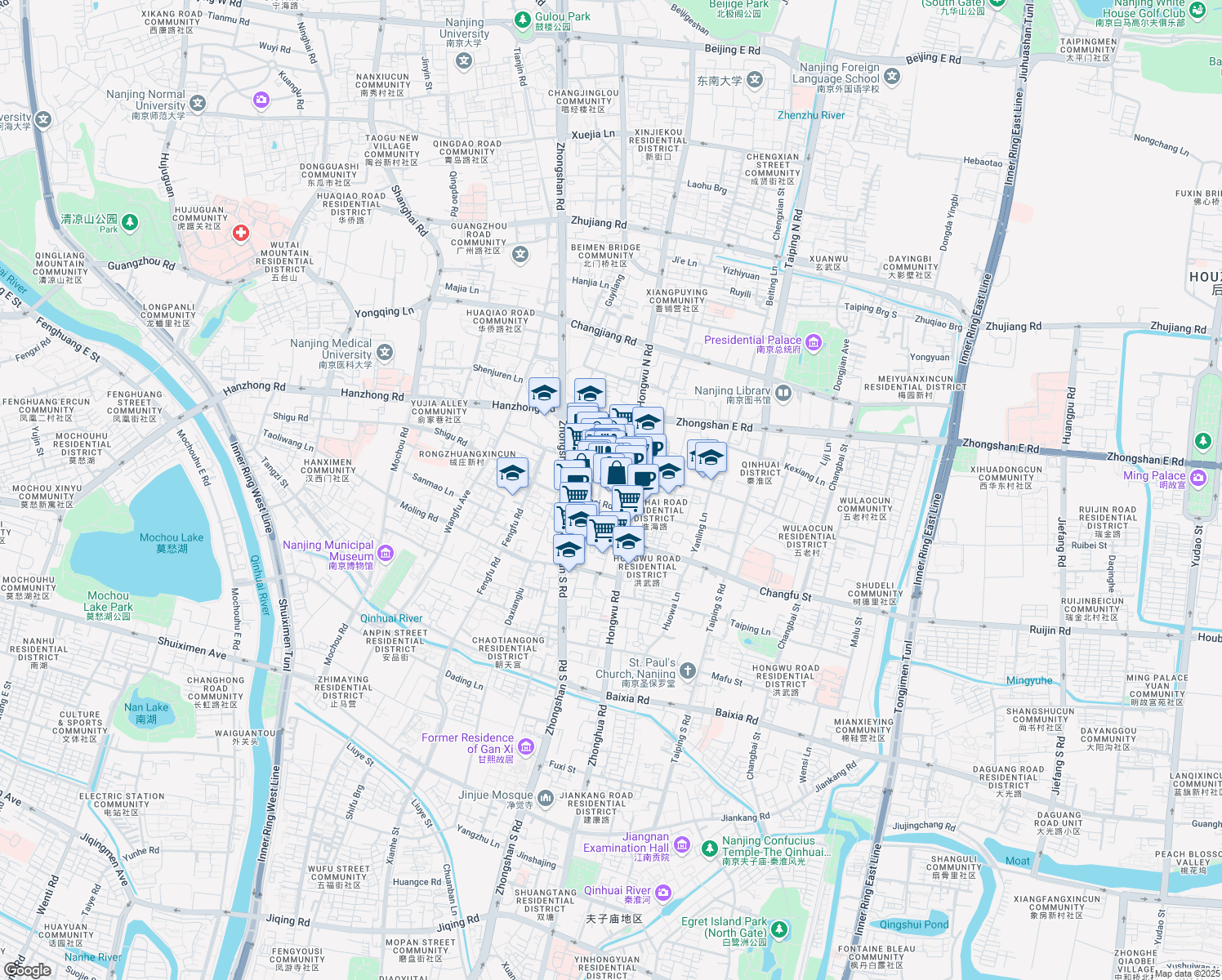 map of restaurants, bars, coffee shops, grocery stores, and more near in Nanjing Shi