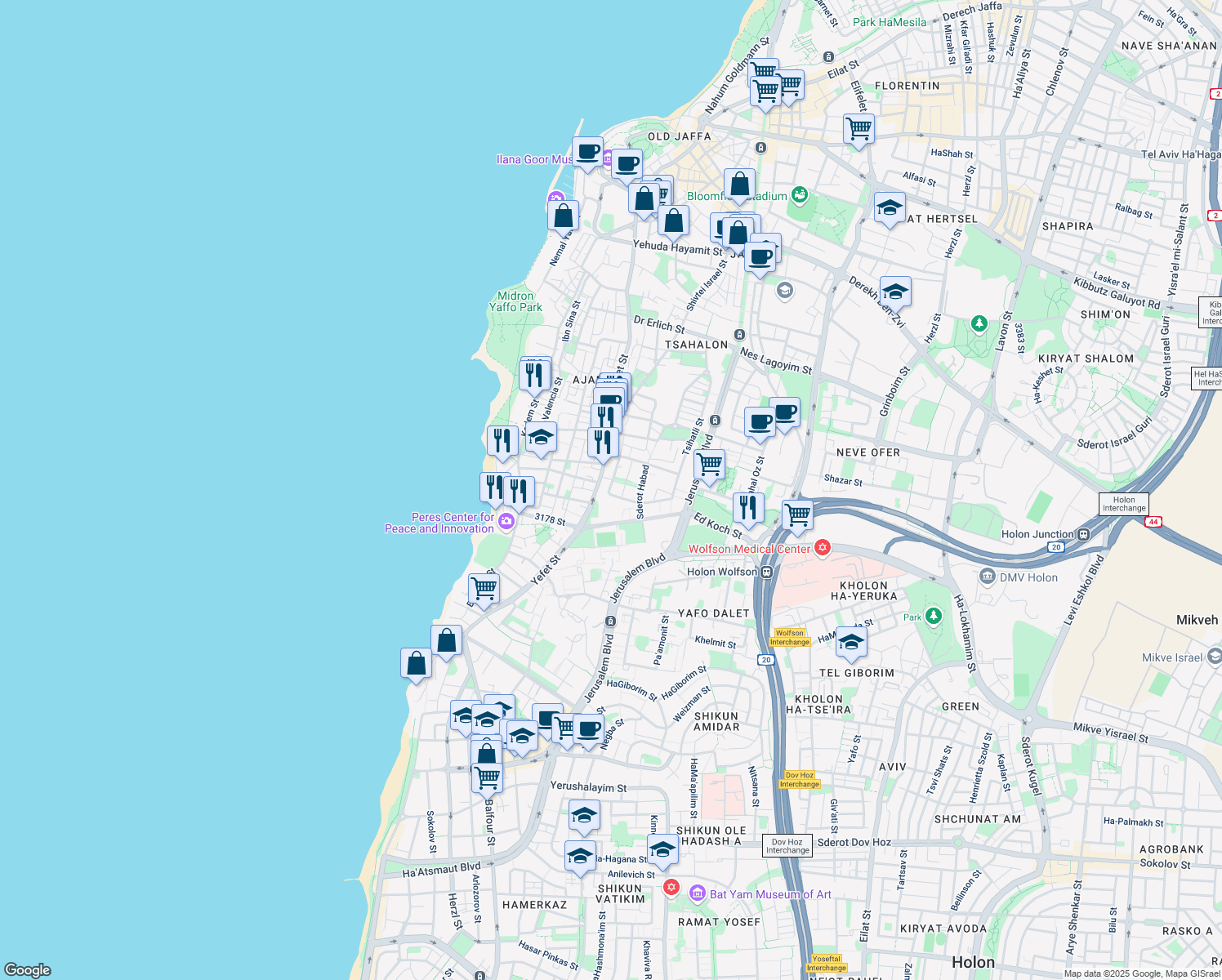 map of restaurants, bars, coffee shops, grocery stores, and more near 23 Katz Ya'akov Yosef Street in Tel Aviv-Yafo