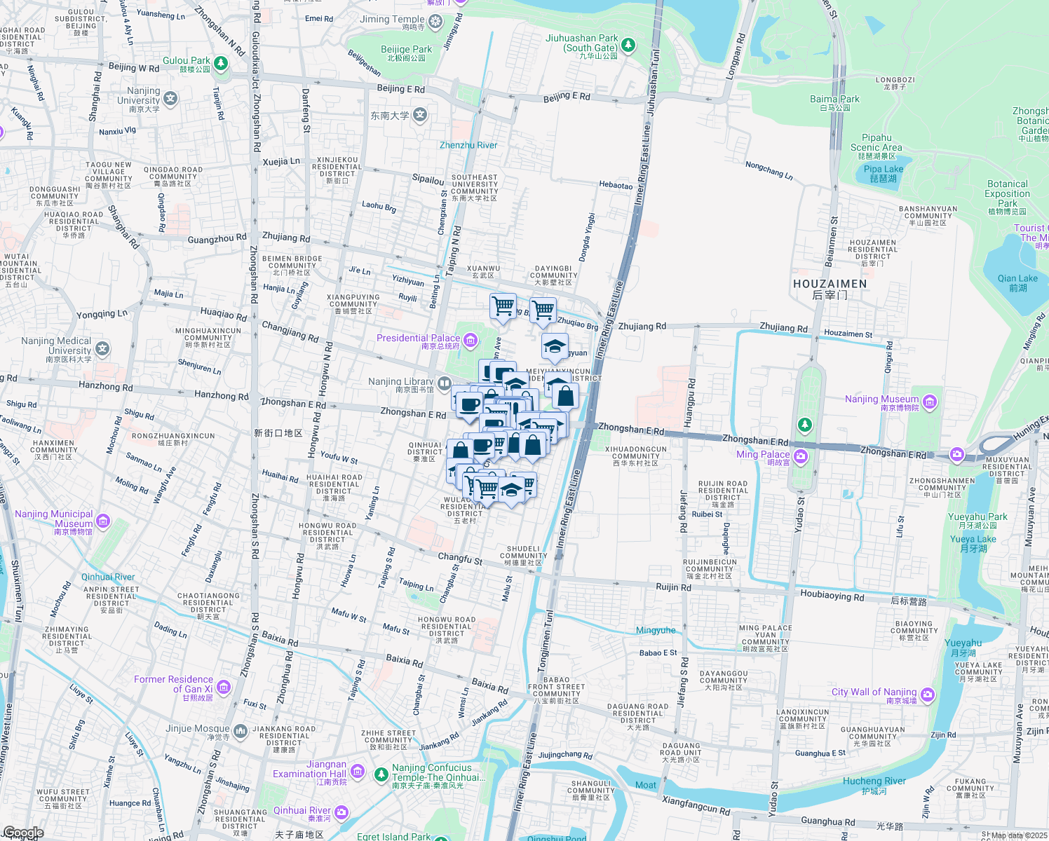 map of restaurants, bars, coffee shops, grocery stores, and more near Zhongshan East Road in Nanjing