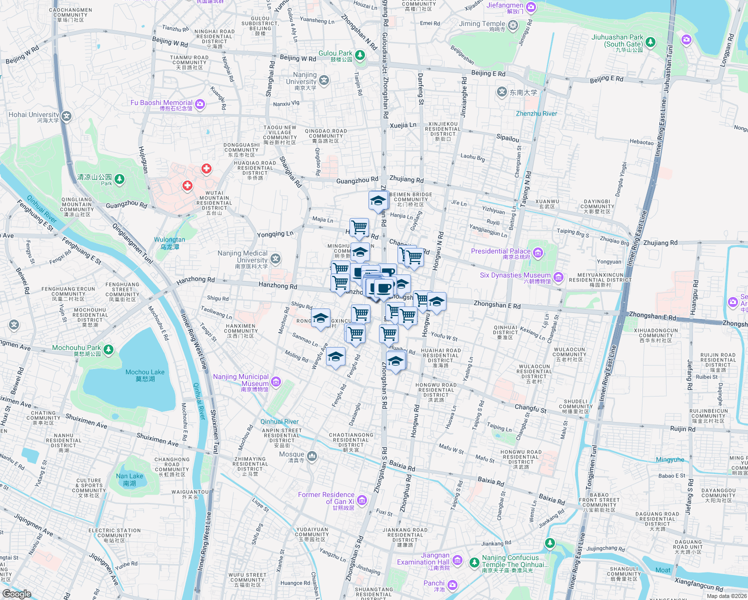 map of restaurants, bars, coffee shops, grocery stores, and more near Guan Jia Qiao in Nan Jing Shi