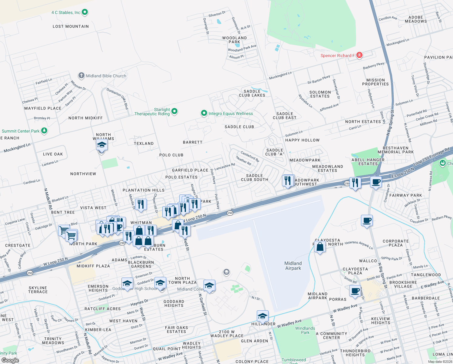 map of restaurants, bars, coffee shops, grocery stores, and more near 1602 Castleford Road in Midland