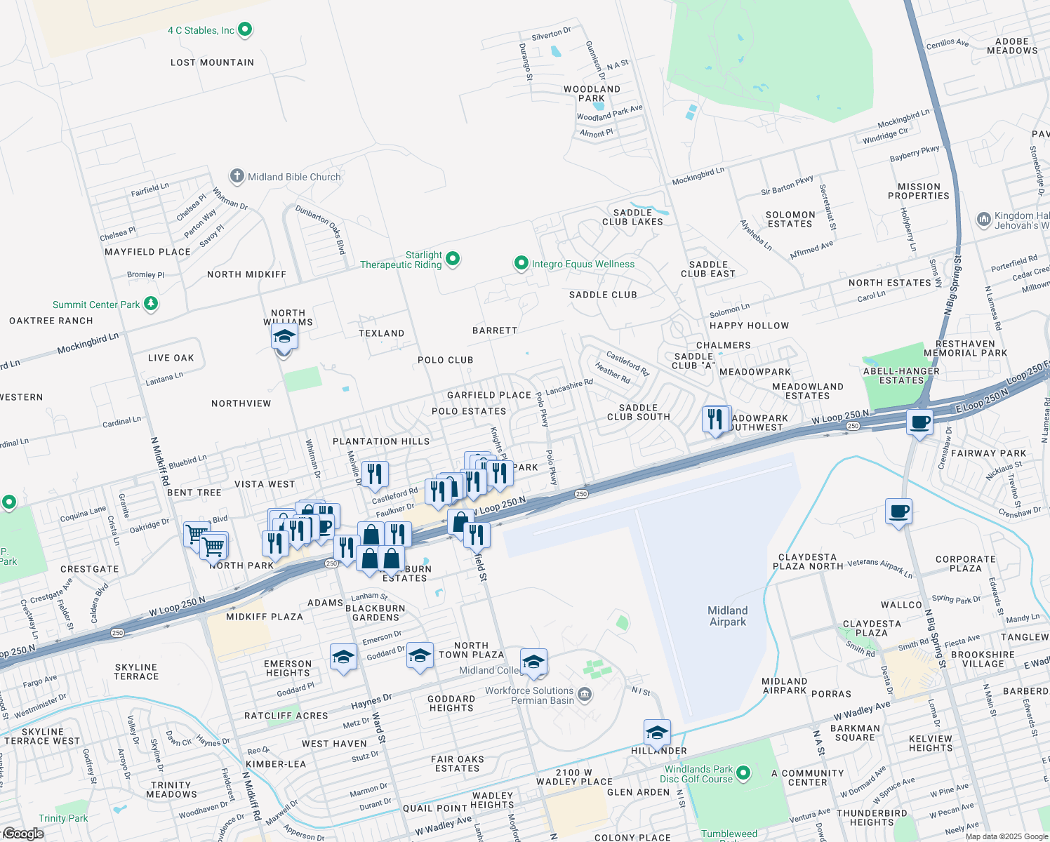 map of restaurants, bars, coffee shops, grocery stores, and more near 1806 Devonshire Court in Midland