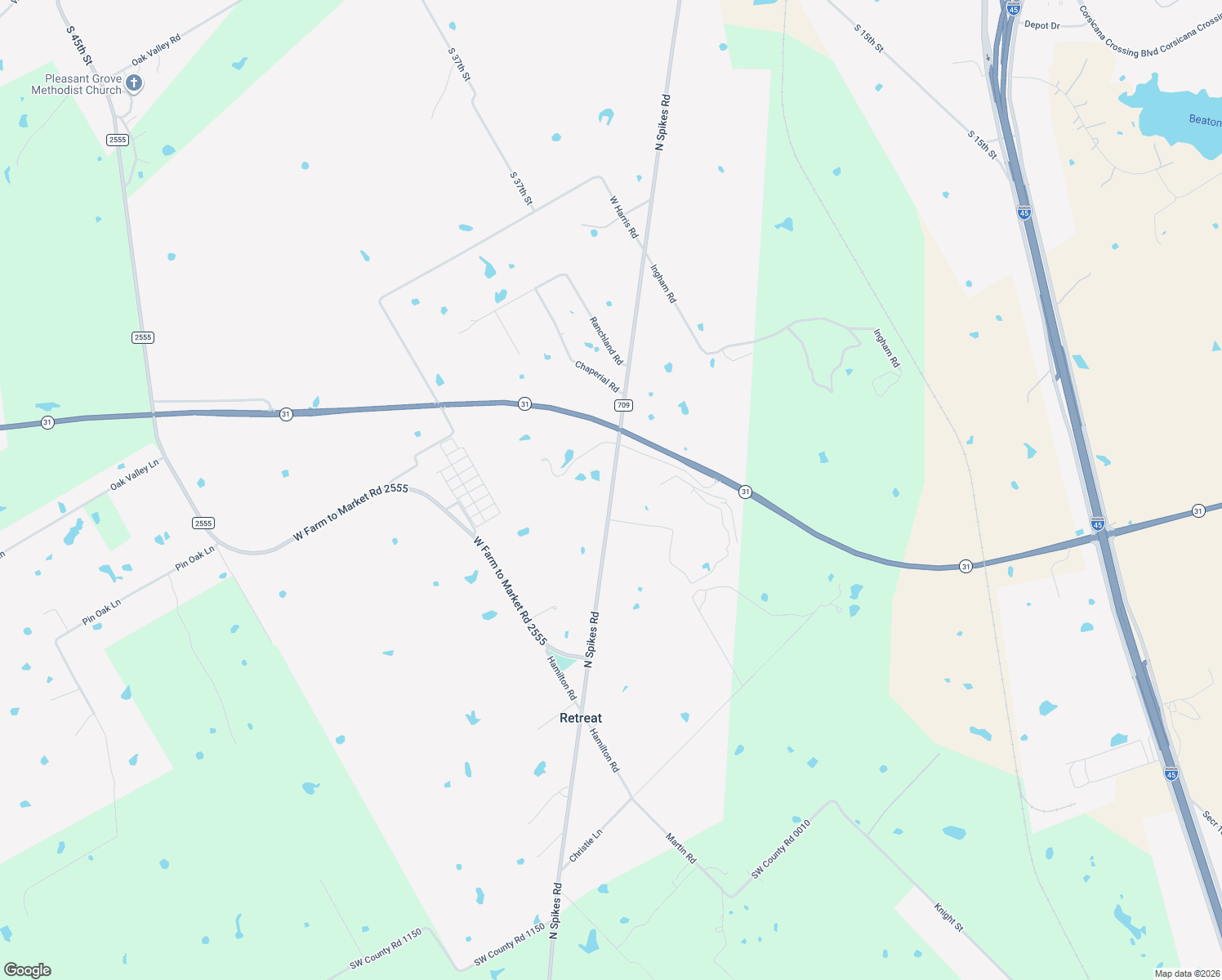 map of restaurants, bars, coffee shops, grocery stores, and more near 212 N Spikes Rd in Corsicana