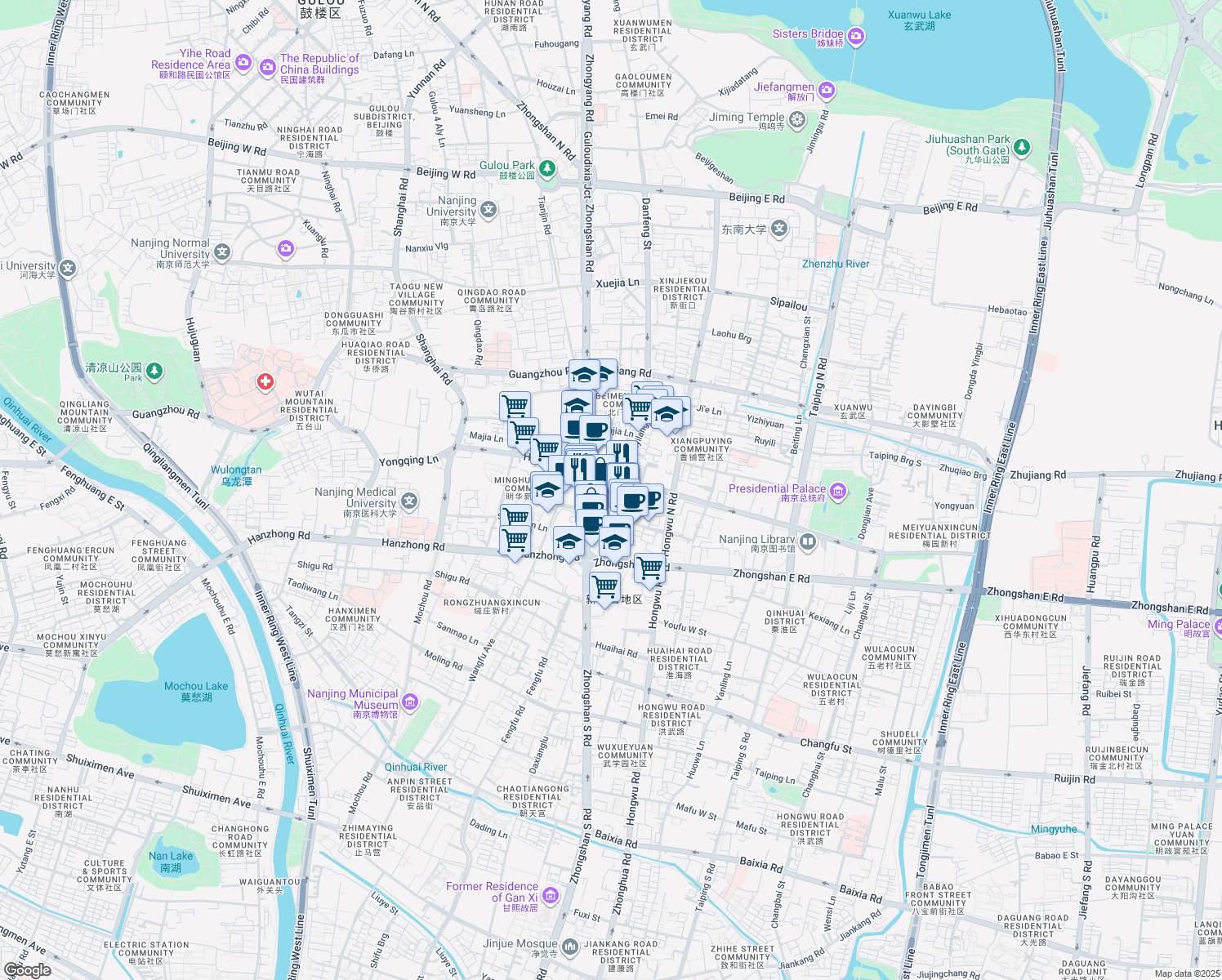 map of restaurants, bars, coffee shops, grocery stores, and more near in Nan Jing Shi