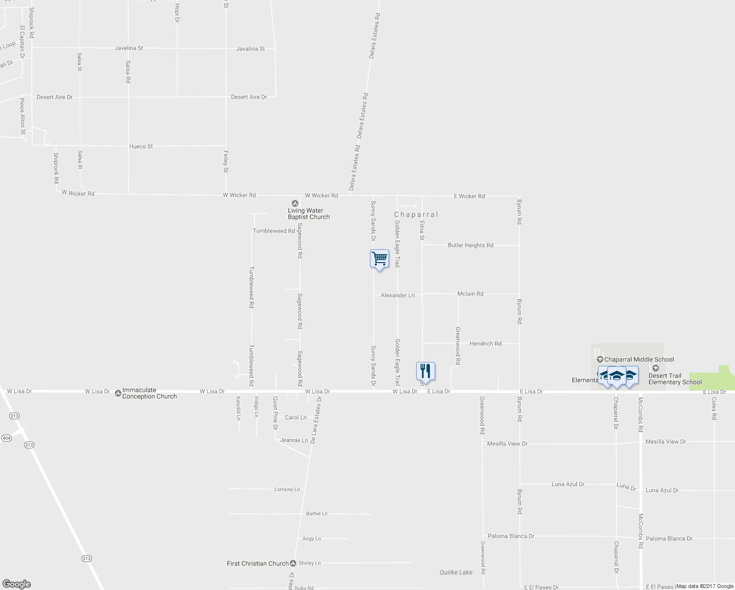 map of restaurants, bars, coffee shops, grocery stores, and more near 671 Sunny Sands Drive in Chaparral