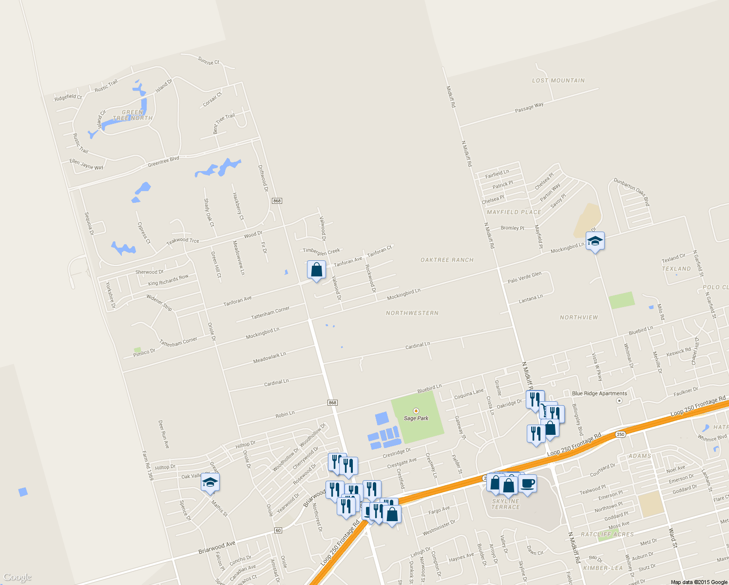 map of restaurants, bars, coffee shops, grocery stores, and more near 4008 Edgebrook Drive in Midland