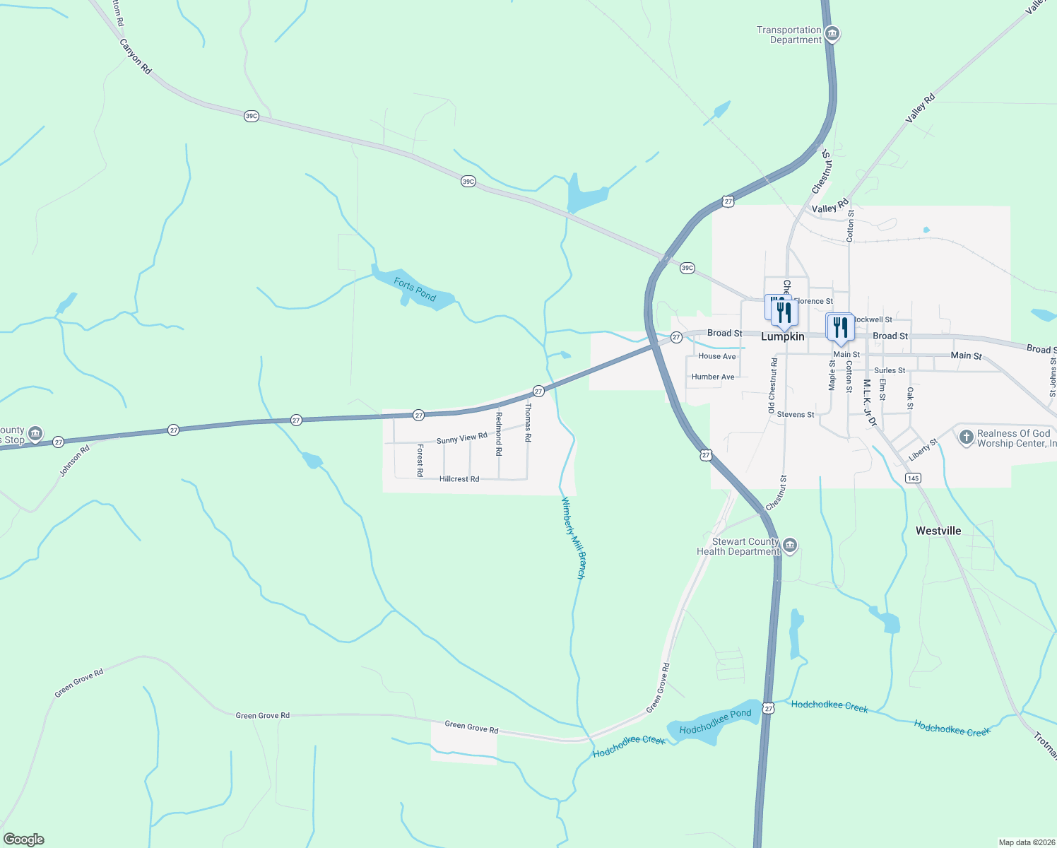 map of restaurants, bars, coffee shops, grocery stores, and more near Thomas Road in Lumpkin