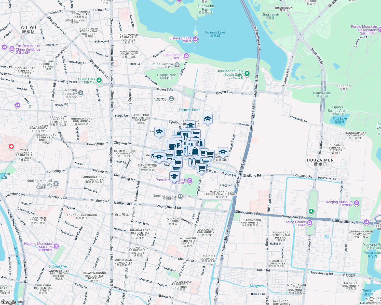 map of restaurants, bars, coffee shops, grocery stores, and more near in Nanjing