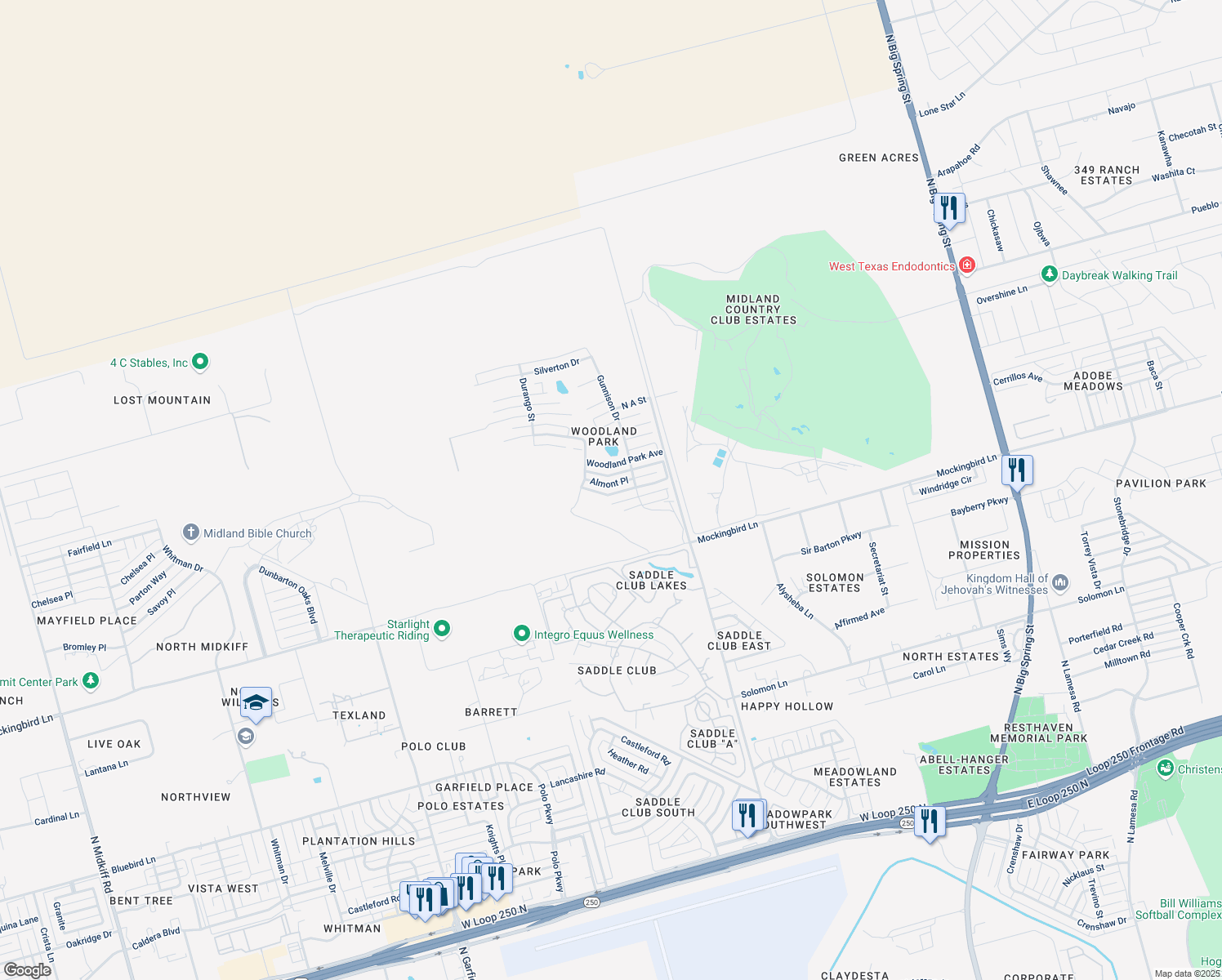 map of restaurants, bars, coffee shops, grocery stores, and more near 911 Almont Place in Midland