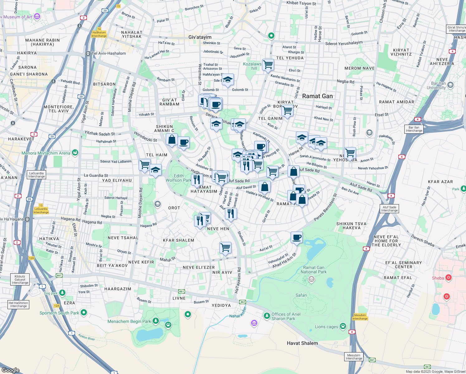 map of restaurants, bars, coffee shops, grocery stores, and more near 11 Aluf David Street in Ramat Gan