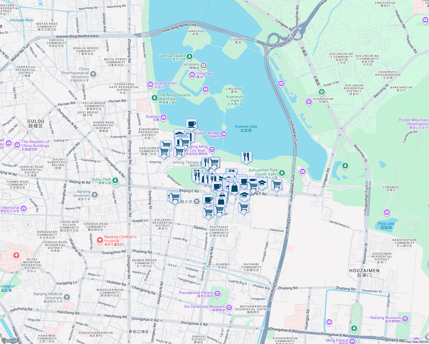 map of restaurants, bars, coffee shops, grocery stores, and more near in Nanjing