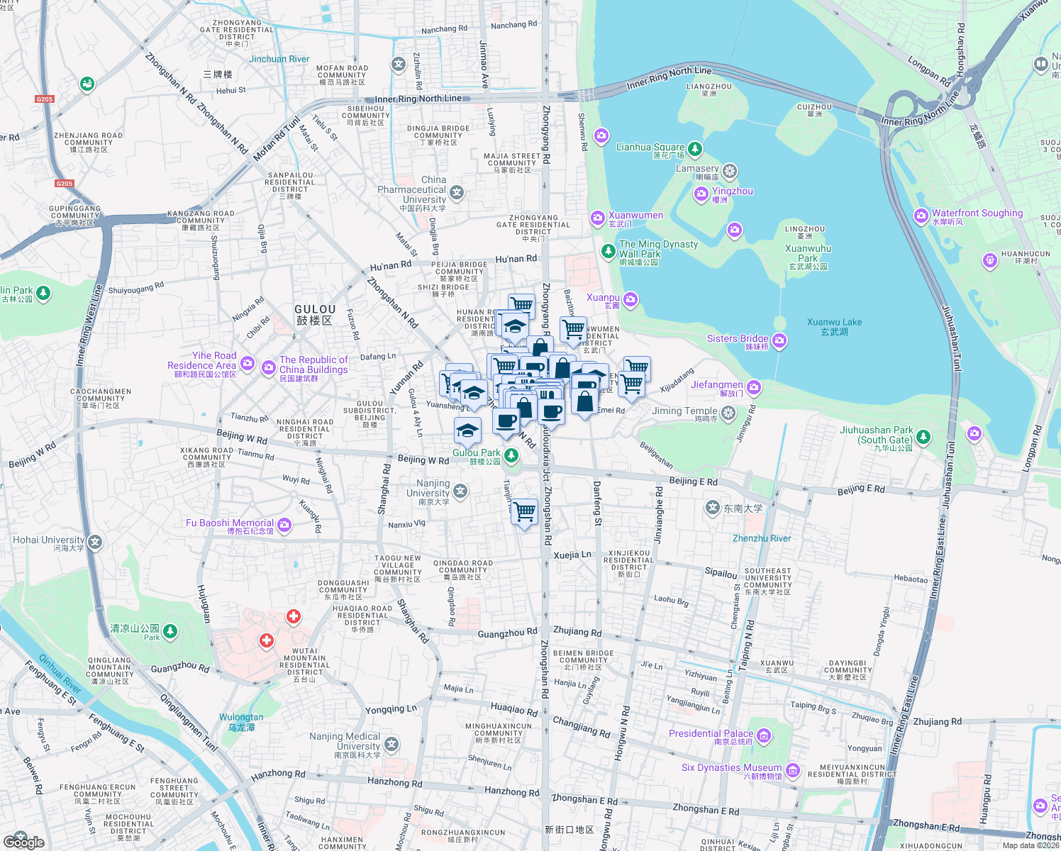 map of restaurants, bars, coffee shops, grocery stores, and more near Zhong Shan Bei Lu in Nan Jing Shi