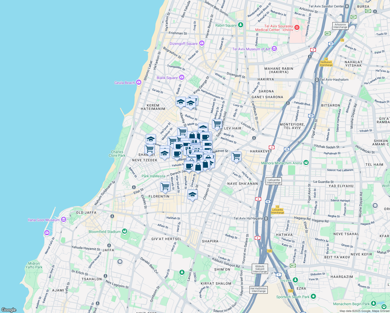 map of restaurants, bars, coffee shops, grocery stores, and more near 50 Lilienblum Street in Tel Aviv-Yafo