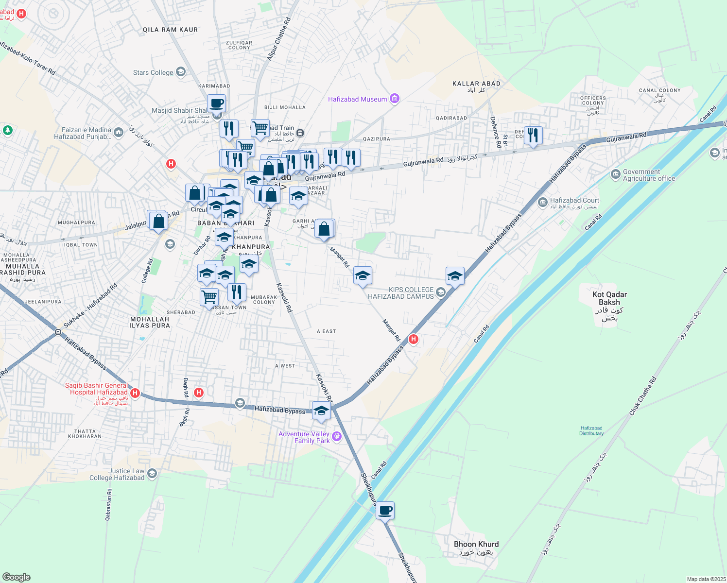 map of restaurants, bars, coffee shops, grocery stores, and more near Mangat Road in Hafizabad