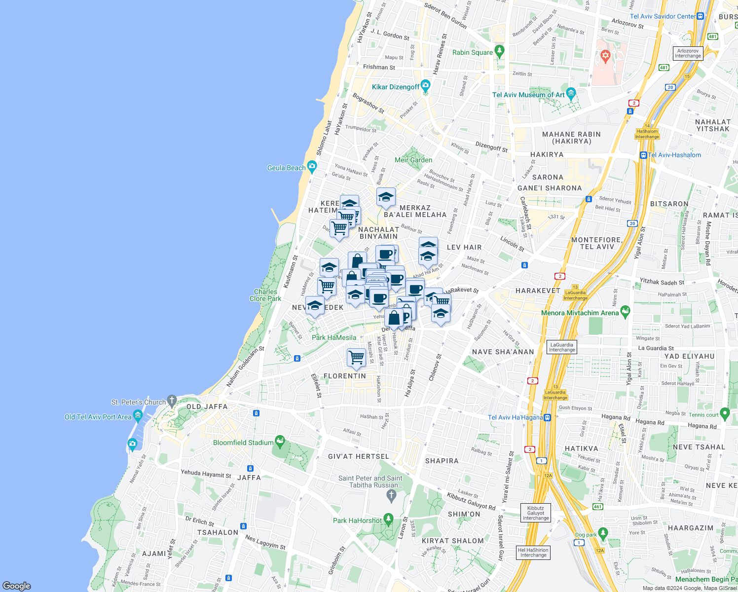 map of restaurants, bars, coffee shops, grocery stores, and more near 3 Rothschild Boulevard in Tel Aviv-Yafo