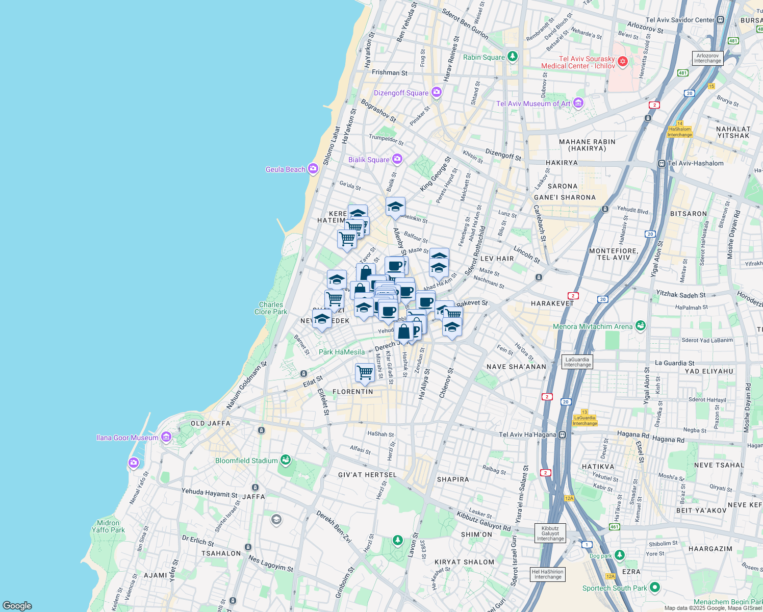 map of restaurants, bars, coffee shops, grocery stores, and more near 3 Rothschild Boulevard in Tel Aviv-Yafo