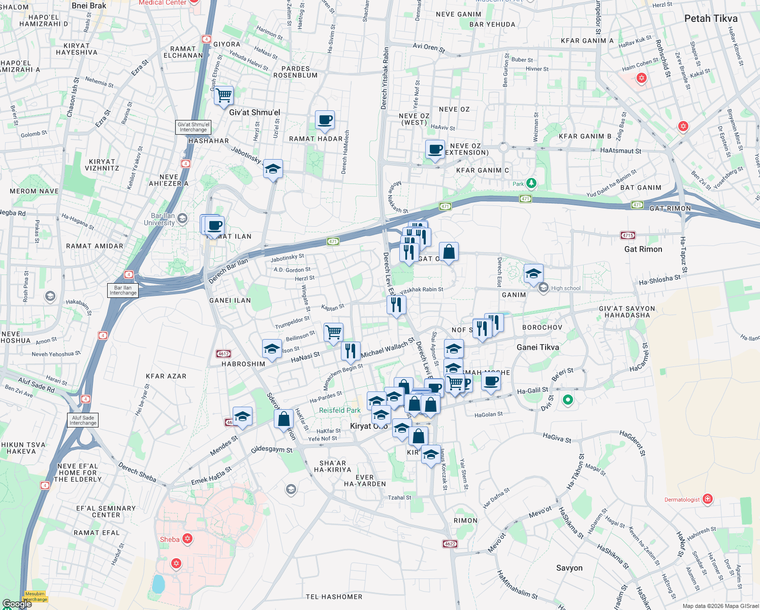 map of restaurants, bars, coffee shops, grocery stores, and more near 0 Lincoln Street in Qiryat Ono