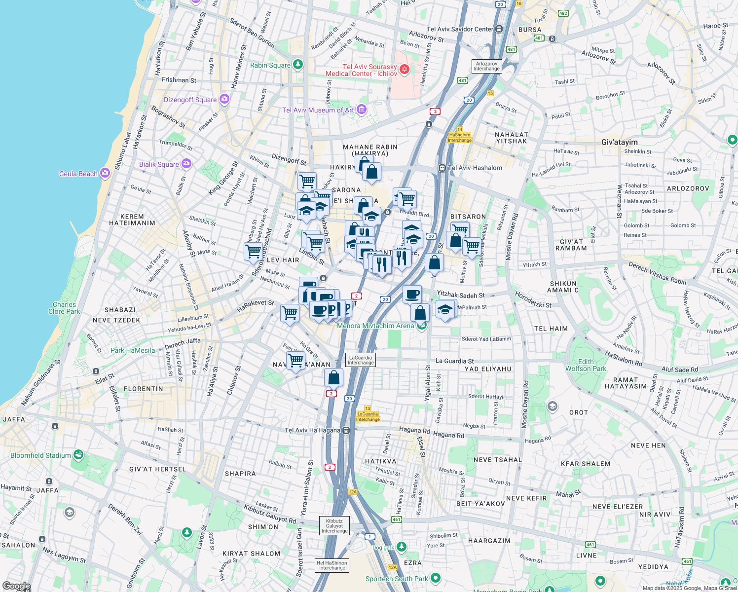 map of restaurants, bars, coffee shops, grocery stores, and more near 29 Khoma u-Migdal Street in Tel Aviv-Yafo