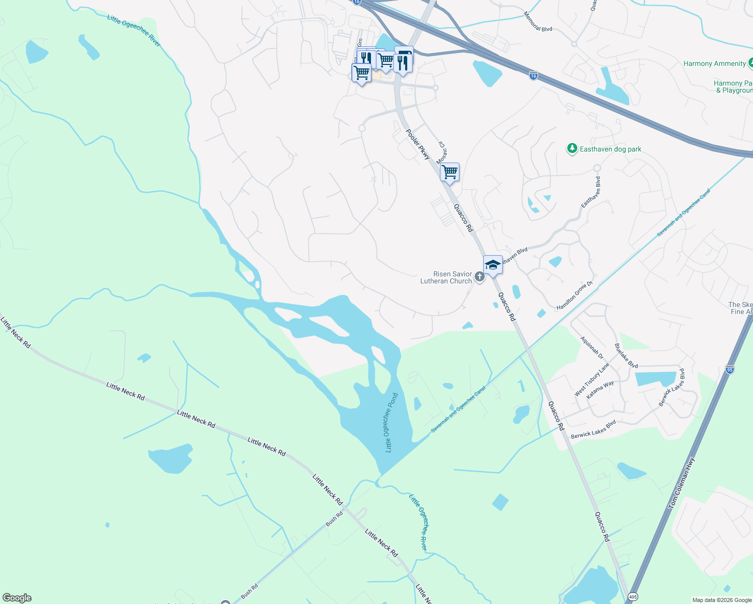 map of restaurants, bars, coffee shops, grocery stores, and more near 105 Busbridge Cove in Pooler