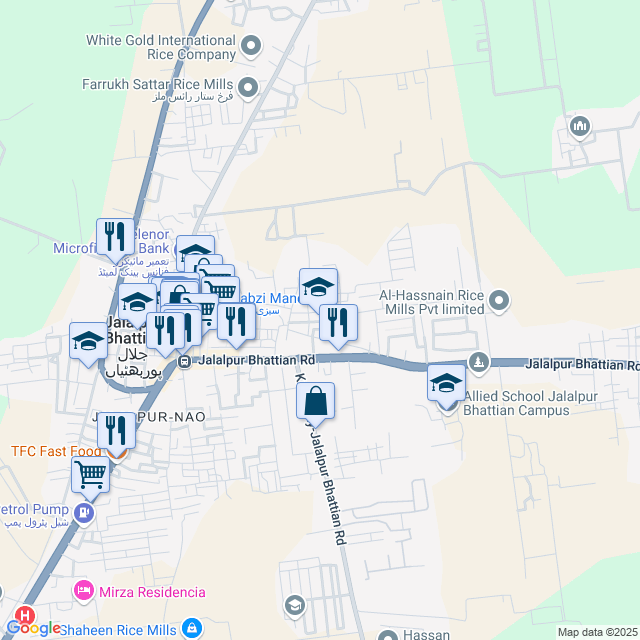 map of restaurants, bars, coffee shops, grocery stores, and more near Main Bazar Road in Jalalpur Bhattian