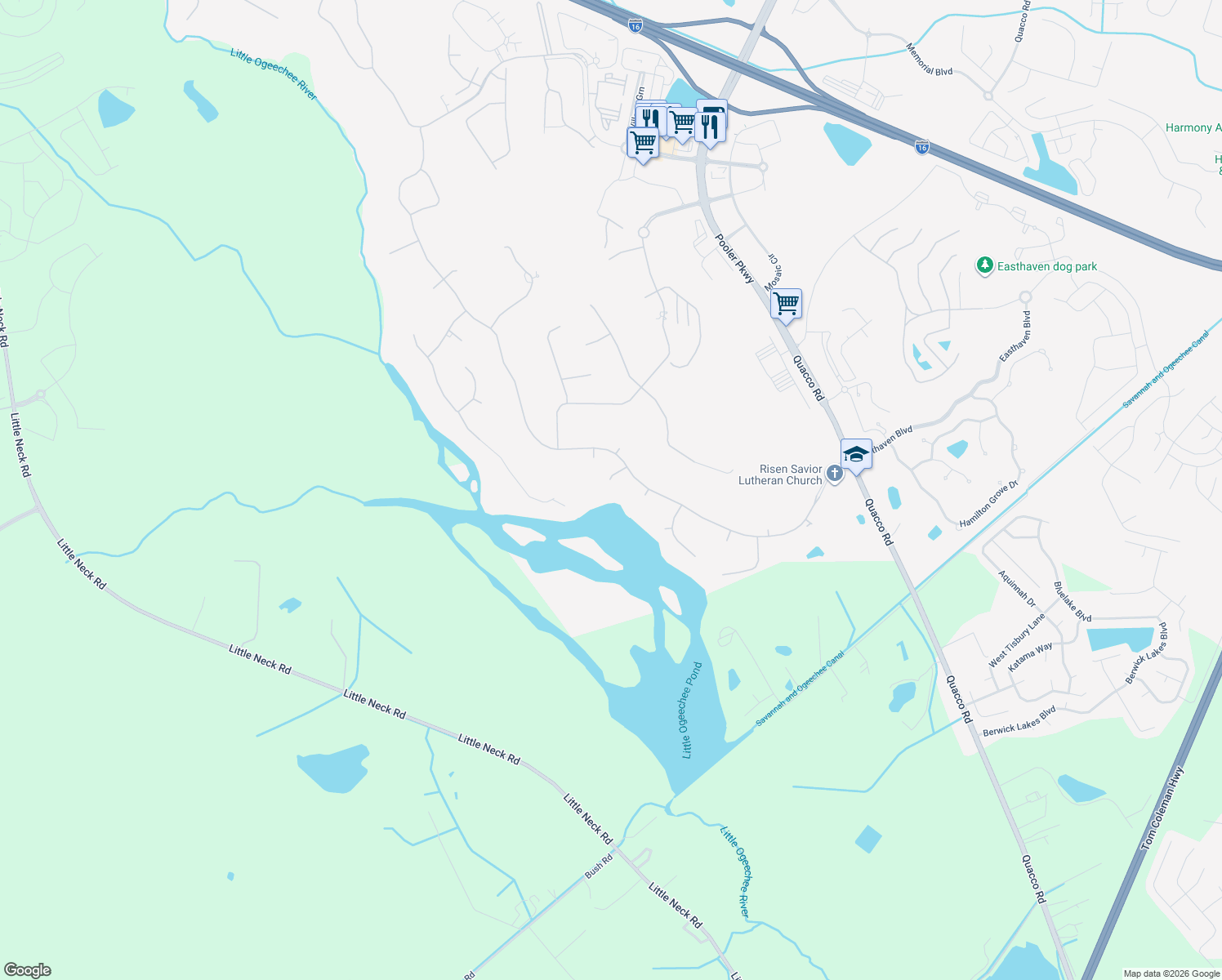 map of restaurants, bars, coffee shops, grocery stores, and more near 8 Tanners Row in Pooler
