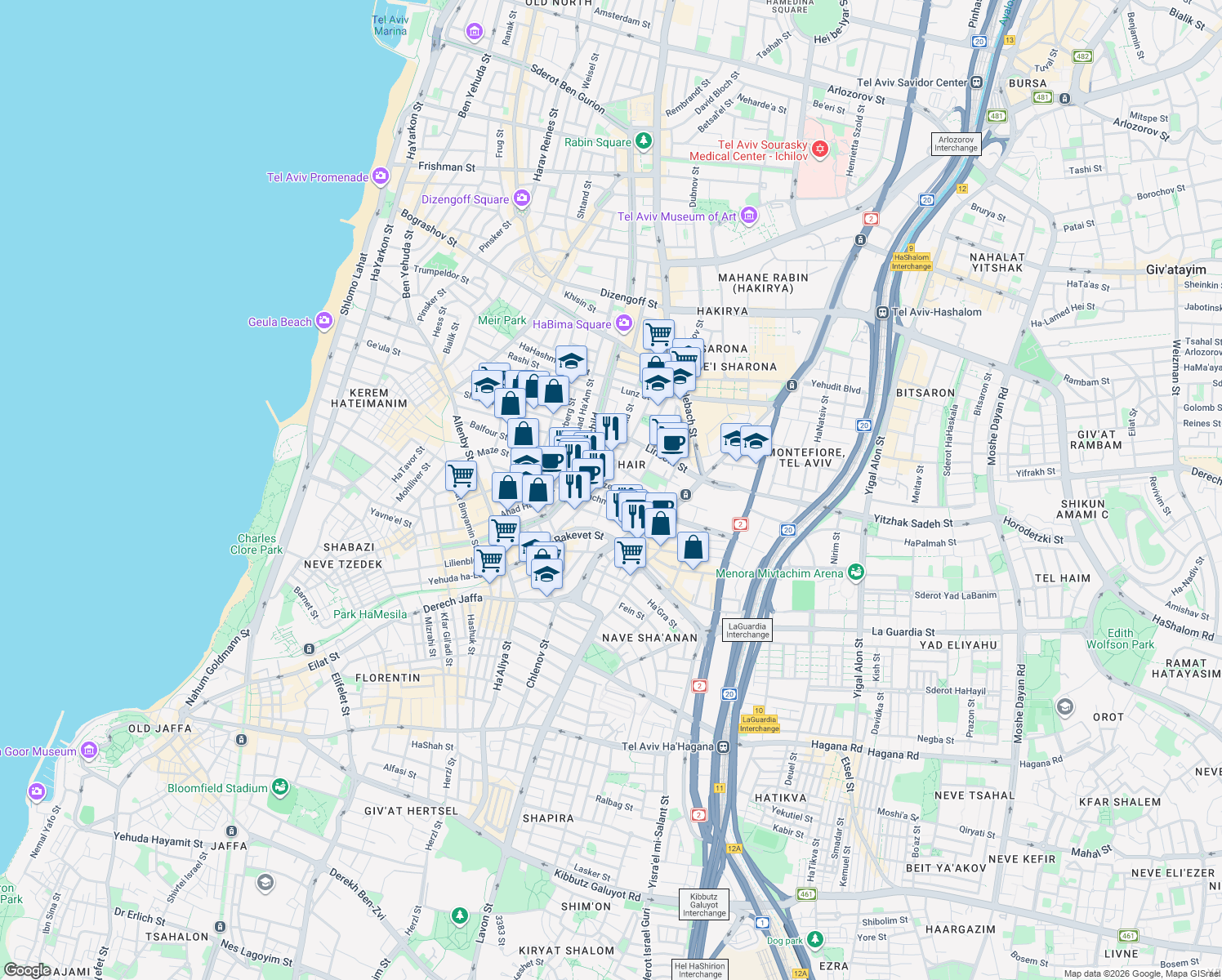 map of restaurants, bars, coffee shops, grocery stores, and more near 54 Maze Street in Tel Aviv-Yafo